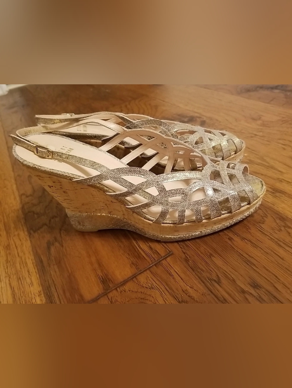 Stuart Weitzman Designer Sparkle Gold Cork Wedge Open Toe Slingback Sandal 9.5